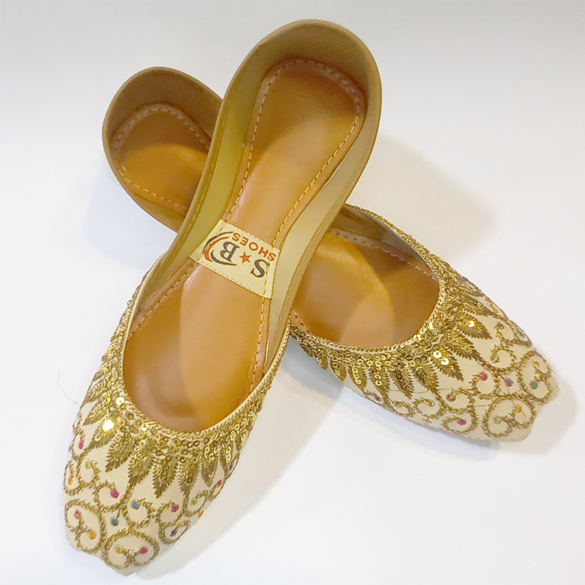 Beige Khussa with Golden Embroidery & Foam-Fitted Sole